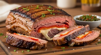 Primer plano de colita de cuadril rellena cortada, mostrando capas de carne rosada, jamón, queso derretido y morrón rojo. Servida en tabla con chimichurri.