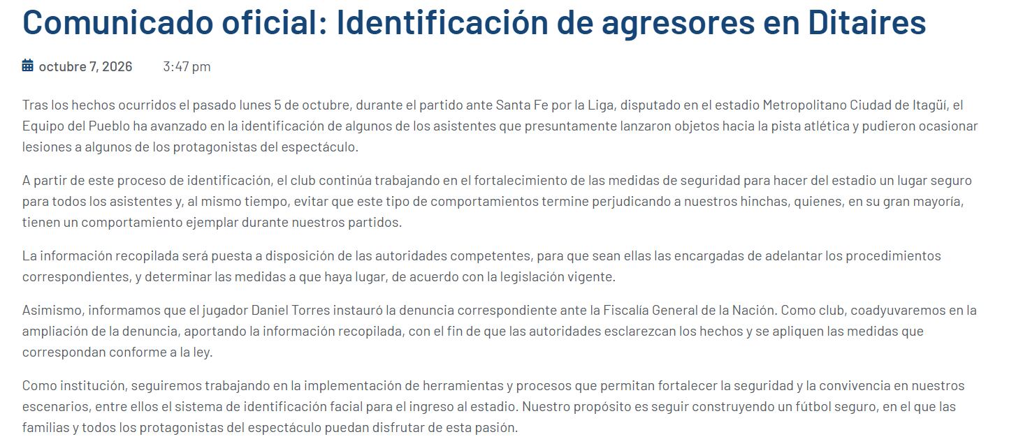 El comunicado del Deportivo Independiente Medellín sobre la agresión a Daniel Torres y su proceso en Fiscalía - crédito DIM