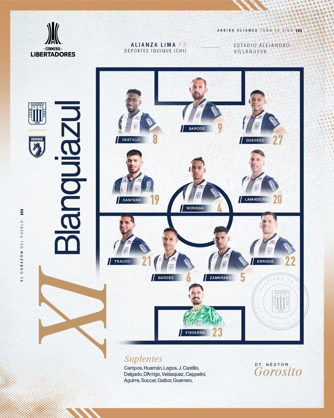 Once de Alianza Lima ante Deportes Iquique vuelta de la Copa Libertadores 2025.