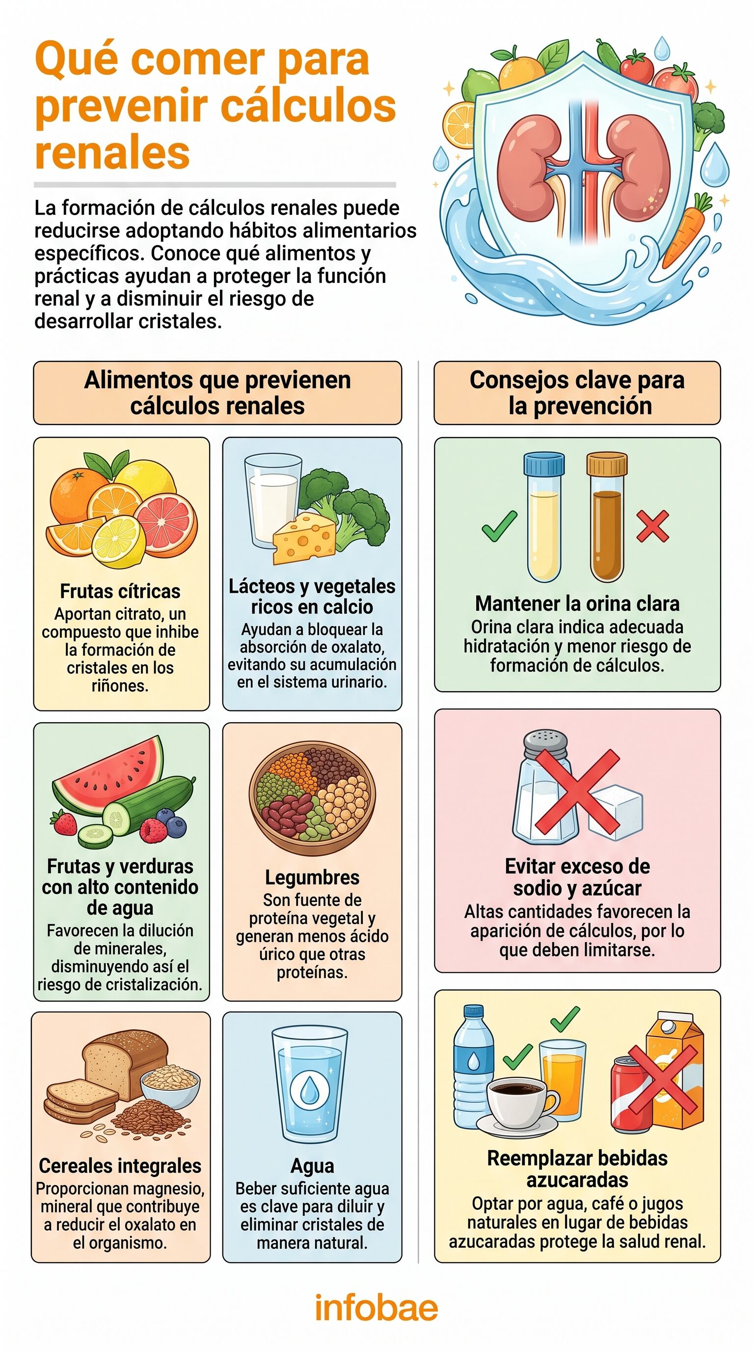 Una infografía de Infobae detalla alimentos y hábitos saludables que contribuyen a la prevención de cálculos renales, con gráficos de frutas cítricas, lácteos, agua y consejos. (Imagen Ilustrativa Infobae)