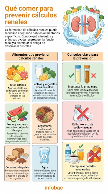 Infografía de Infobae sobre prevención de cálculos renales. Contiene ilustraciones de frutas, verduras, lácteos, cereales, agua y consejos sobre hábitos alimenticios.