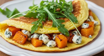 Tortilla de huevo amarilla plegada con relleno naranja y blanco. Hojas verdes y gotas de aceite encima. Plato blanco sobre superficie de madera.