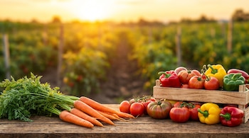 Zanahorias, tomates y pimientos sobre una mesa de madera junto a una caja, con un campo de cultivo desenfocado durante la puesta de sol.