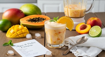 Un vaso de agua de frutas cremosa con rodaja de naranja y menta, rodeado de mangos, papaya, duraznos, limas, cubos de hielo y la receta en papel sobre una mesa de madera.