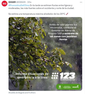 Alerta por posibles lluvias en las horas de la tarde del 4 de abril de 2024 - crédito @IDIGER/X