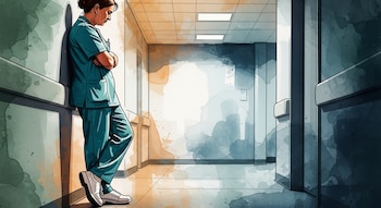 Ilustración en acuarela de un enfermero con uniforme azul petróleo y zapatillas blancas apoyado contra la pared de un pasillo de hospital.