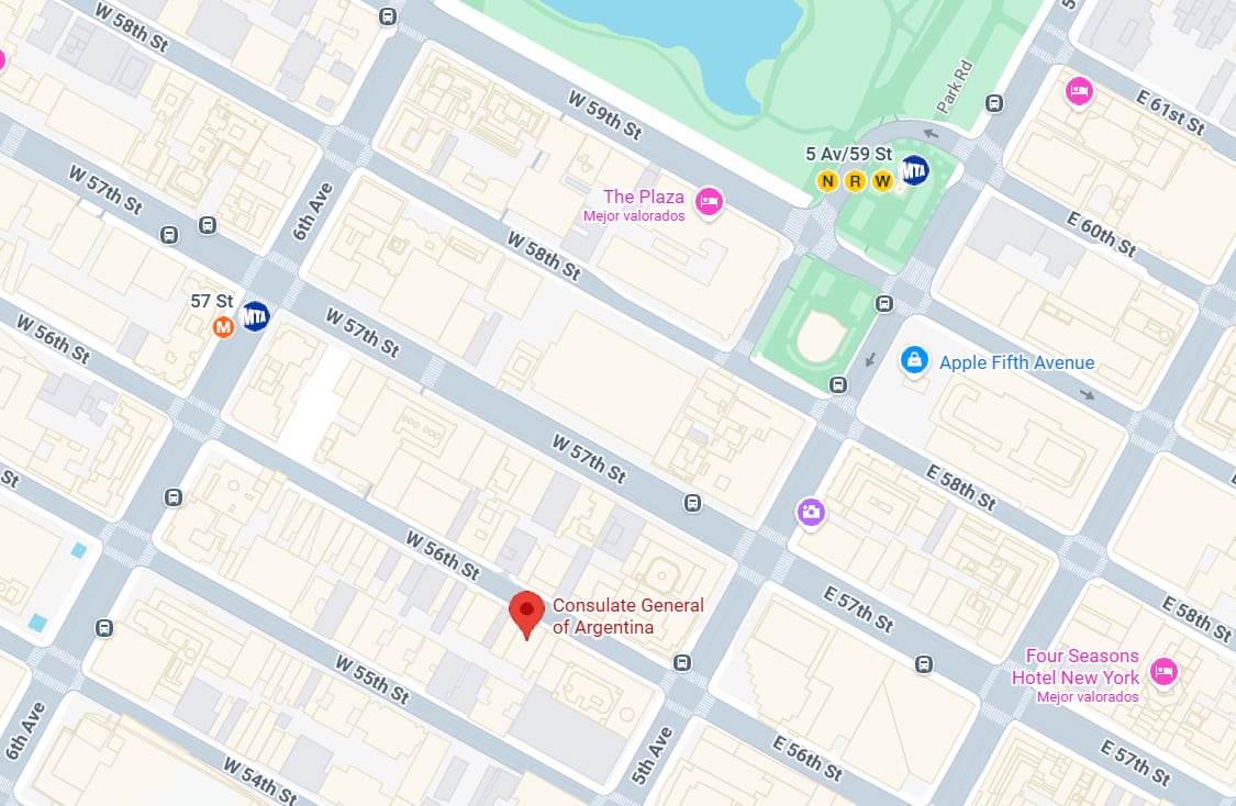 La ceremonia de “Argentina Way” se realizará a las 19 en la esquina de la calle 56 y la Quinta Avenida, cerca de Central Park (Google Maps)