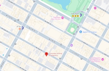 Mapa urbano digital de Manhattan, Nueva York, con calles y edificios. Un marcador rojo indica el Consulado General de Argentina