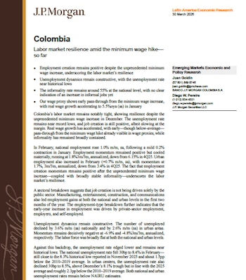 JP Morgan afirmó en un informe reciente que el mercado laboral colombiano mantiene estabilidad tras el ajuste del salario mínimo decretado en diciembre - crédito JP Morgan