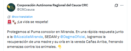 Los animales fueron hallados en el municipio de Miranda, Cauca - crédito (@CRCcauca/X)