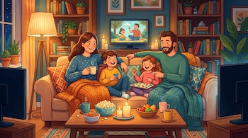 Ilustración de una familia de cuatro en un sofá con mantas en una sala de estar iluminada por lámpara y velas. Hay TV, estanterías, snacks y bebidas en la mesa.