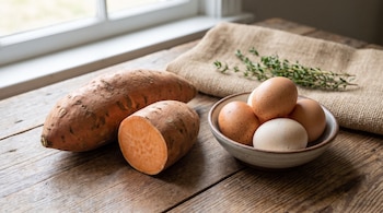 Una batata entera, media batata y un cuenco con huevos junto a una tela de arpillera sobre una mesa de madera.