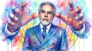 Ilustración acuarela de Plácido Domingo con traje azul, con manos grandes de fondo que parecen sostener hilos multicolores conectados a él, sobre un fondo vibrante.