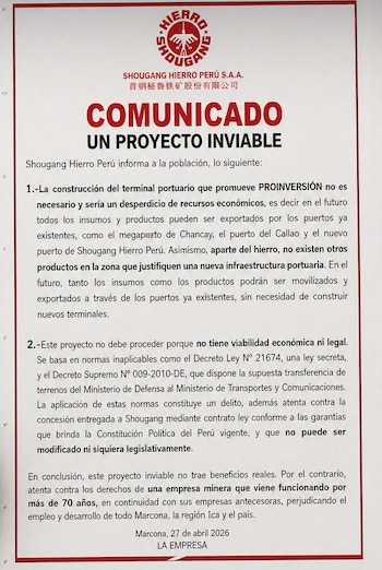 Shougang rechaza proyecto del puerto de Marcona y lo considera innecesario e inviable. (Foto: FB/@Shougang Hierro Perú S.A.A.)