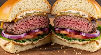 Primer plano de una hamburguesa cortada por la mitad con pan, carne, lechuga, tomate, cebolla morada, queso, pepinillos y salsa rosada sobre una tabla de madera.