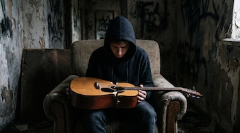 Un joven con sudadera con capucha negra y cabeza agachada sentado en un sillón beige, sostiene una guitarra acústica de madera rota. Las paredes de fondo están sucias y desconchadas.