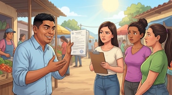 Un hombre sostiene varios documentos con logo FGR. Tres mujeres de pie lo miran, una de ellas con un portapapeles. Al fondo, un mercado con puestos de comida.
