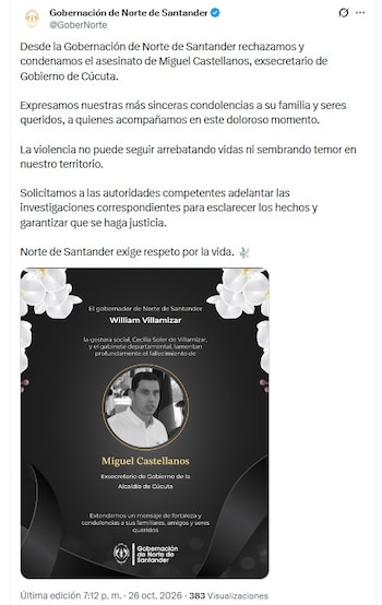 La Gobernación de Norte de Santander lamentó el asesinato del líder Miguel Castellanos en Cúcuta (@GoberNorte/X)
