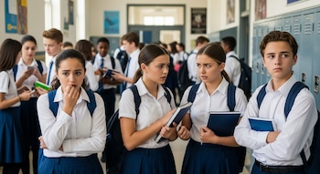 Estudiantes con uniformes blancos y azul oscuro en un pasillo escolar. Sus rostros expresan preocupación mientras otros alumnos pasan.