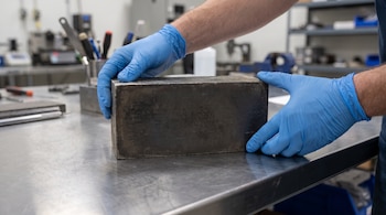 Manos con guantes de nitrilo azules sujetan una placa metálica oscura sobre una mesa de acero en un laboratorio desenfocado.