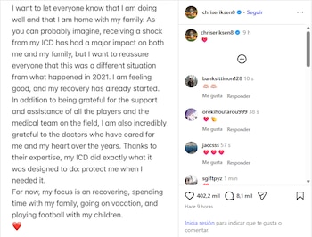 Eriksen confirmó que su desfibrilador automático implantable funcionó con precisión durante el partido ante Ucrania en Odense