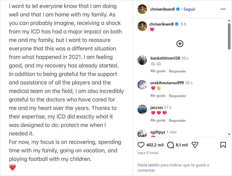Eriksen confirmó que su desfibrilador automático implantable funcionó con precisión durante el partido ante Ucrania en Odense