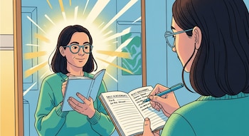Una mujer de cabello oscuro y gafas escribe con un bolígrafo en un cuaderno abierto que muestra "DAILY ACHIEVEMENTS", reflejándose sonriente en un espejo luminoso.