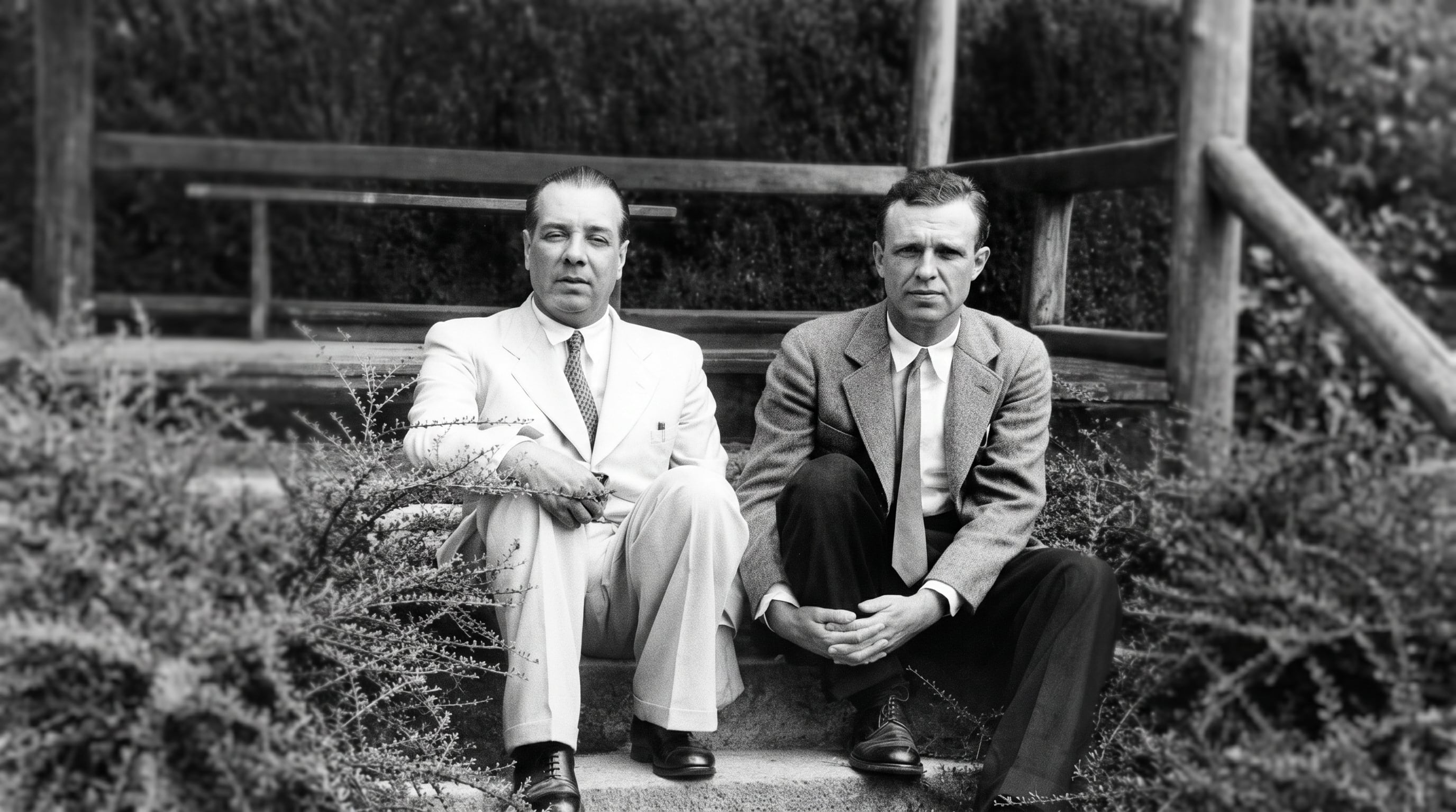 Los escritores argentinos Jorge Luis Borges y Adolfo Bioy Casares en una imagen mejorada con inteligencia artificial (Imagen Ilustrativa Infobae)