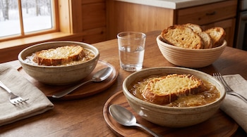 Dos cuencos de sopa de cebolla con pan gratinado, un vaso de agua, una panera con tostadas, cubiertos y servilletas en una mesa de madera.