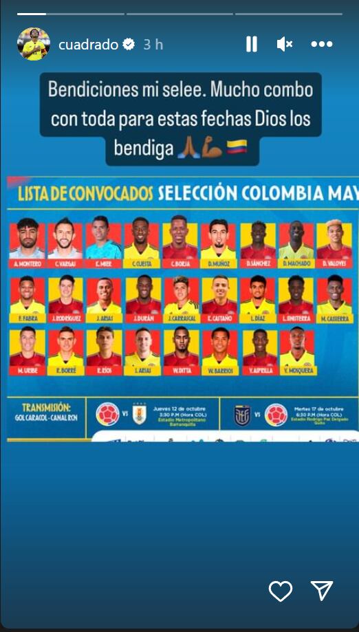 El jugador Juan Guillermo Cuadrado siempre ha mostrado su apoyo a la selección nacional, a pesar de no ser convocado en el proceso de Néstor Lorenzo - crédito @cuadrado/Instagram