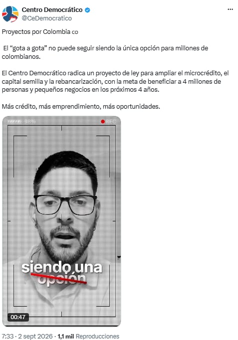 El Centro Democrático propone ampliar el microcrédito y la rebancarización - crédito @CeDemocratico/X