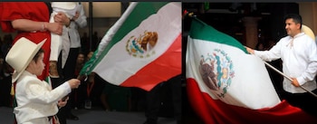 Dos fotografías paralelas donde un niño y un hombre vestidos con traje de charro blanco sostienen la bandera de México