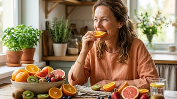 Mulher sênior sorridente comendo fatias de laranja em uma cozinha iluminada, com um grande prato de frutas diversas, como laranjas, kiwi e morangos em cima da mesa