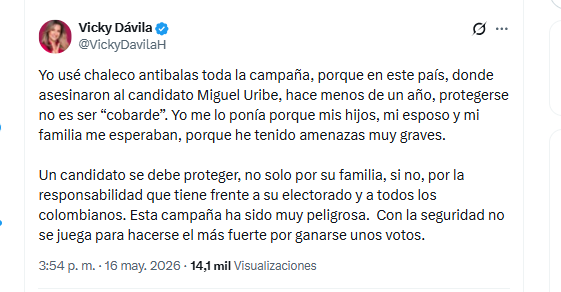 La periodista Vicky Dávila, excandidata presidencial, defendió el uso de chaleco antibalas en las campañas - crédito @VickyDavilaH/X