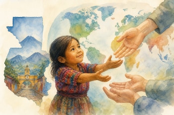 Una niña guatemalteca extiende sus brazos hacia unas manos adultas junto a un mapa de Guatemala y un globo terráqueo en acuarela.