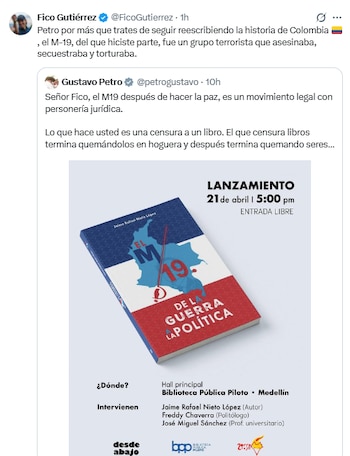 El mandatario local acusó a Petro de querer cambiar la historia de Colombia - crédito @FicoGutierrez/X