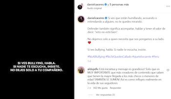 Captura de pantalla de Instagram con un texto blanco sobre fondo negro contra el acoso escolar junto a la publicación de un usuario