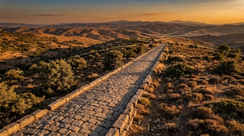Camino empedrado en un paisaje montañoso y seco al atardecer, con delgadas líneas brillantes que se extienden hacia el horizonte.