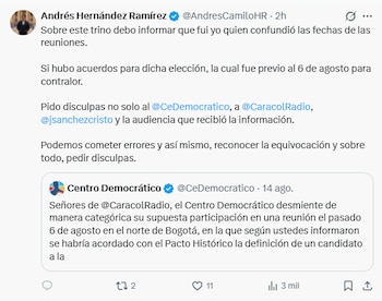 Andrés Hernández admitió que confundió las fechas en sus publicaciones sobre la elección del contralor general - crfédito @AndresCamiloHR/X