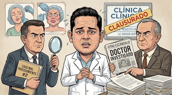 Caricatura de un doctor sudoroso, con dos hombres que lo investigan, imágenes de pacientes con procedimientos estéticos fallidos y un cartel de clínica clausurada.