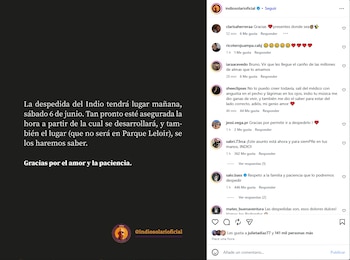 Captura de pantalla de una publicación de Instagram del perfil @indiosolariokoficial anunciando la despedida de Indio Solari con texto y comentarios