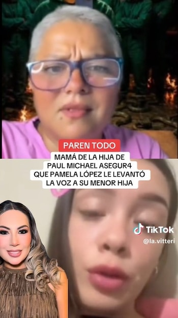 Collage de tres imágenes: una mujer con gafas y expresión preocupada en la parte superior, Pamela López sonriendo abajo a la izquierda, y una joven hablando abajo a la derecha