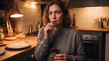 Una mujer sentada en una cocina con una porción de chocolate en la boca, una tableta en la mano, una lámpara de mesa y un plato.