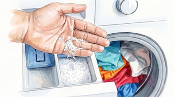 Ilustración en acuarela de una mano con polvo blanco sobre el cajón abierto de una lavadora con ropa en el tambor.