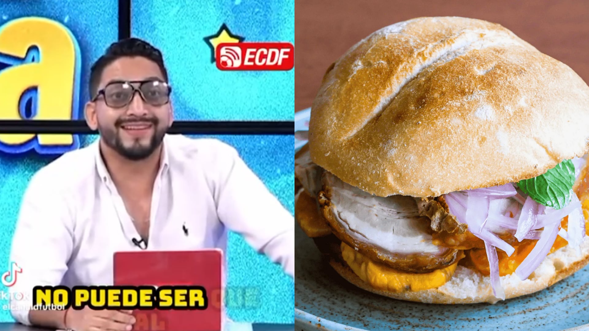 Ecuatorianos se burlan con pan con chicharrón y el tamal criollo. (Fotocomposición Infobae Perú/TikTok/@elcanaldfutbol/Difusión)