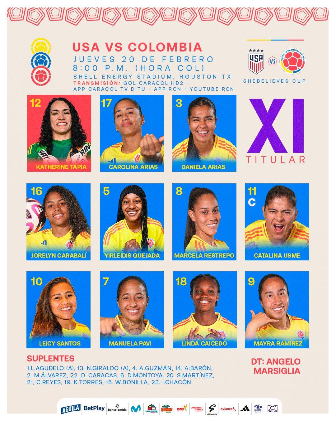 Formación de Colombia ante Estados Unidos, por la primera fecha de la She Believes Cup - crédito FCF