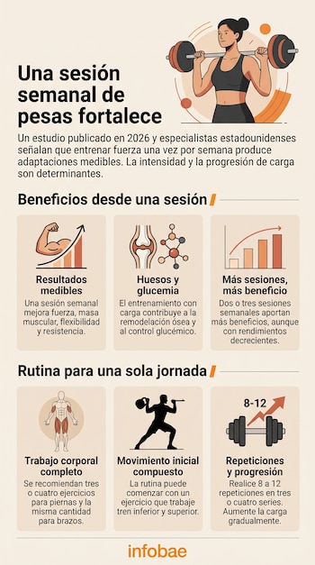 Infografía con textos e ilustraciones de una mujer con una barra de pesas, iconos anatómicos, gráficos de barras y figuras que realizan ejercicio.
