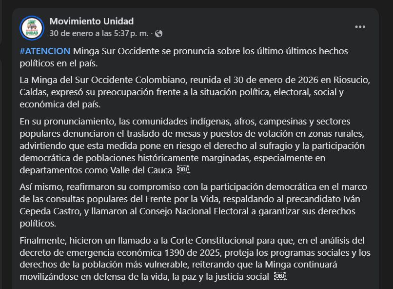 La minga indígena Sur Occidente denuncia el traslado de mesas de votación como una amenaza al derecho al sufragio protegido por la Constitución de Colombia - crédito Facebook