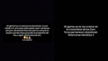 Pantalla negra con dos textos blancos. El texto de la izquierda explica la ausencia de hoy en un pódcast. El de la derecha anuncia la salida definitiva de un pódcast
