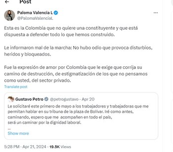 Paloma Valencia le responde al presidente Petro por las marchas del 1 de mayo y de la oposición - crédito @PalomaValenciaL